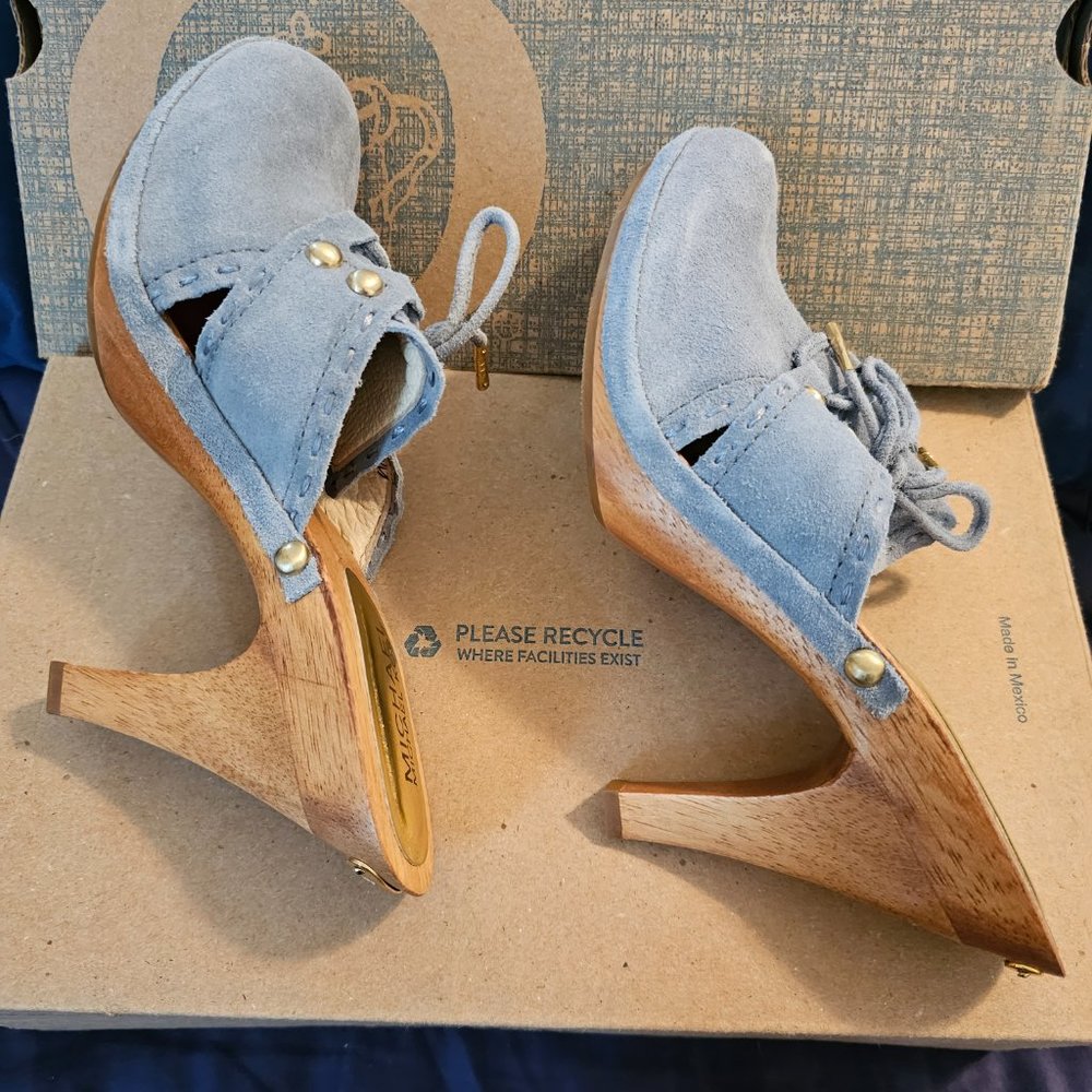 Michael Kors Slip-On Mules With Studs clog suede heels 8 light blue lace-up -new